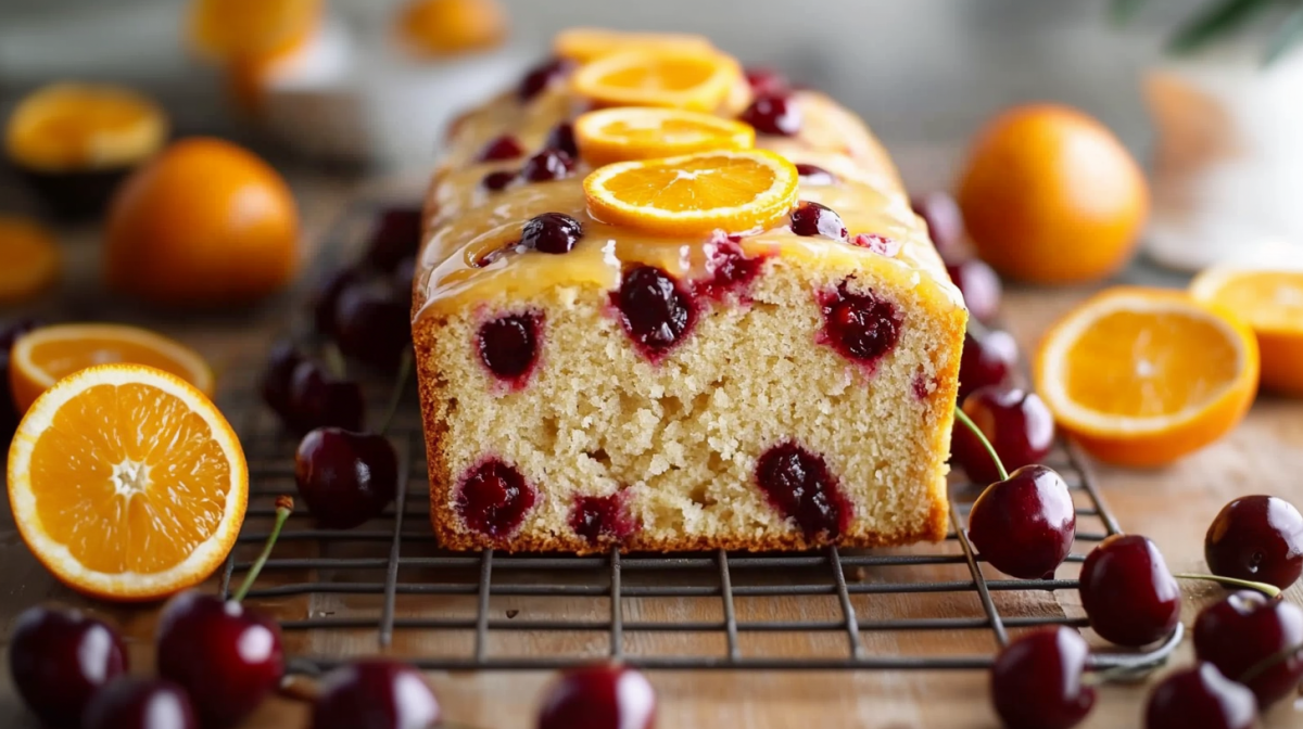 ein angeschnittener Kirsch-Orangenkuchen aus der Kastenform auf einem Kuchengitter, garniert mit Zuckerguss und Orangenscheiben, drumherum Kirschen und Orangen.