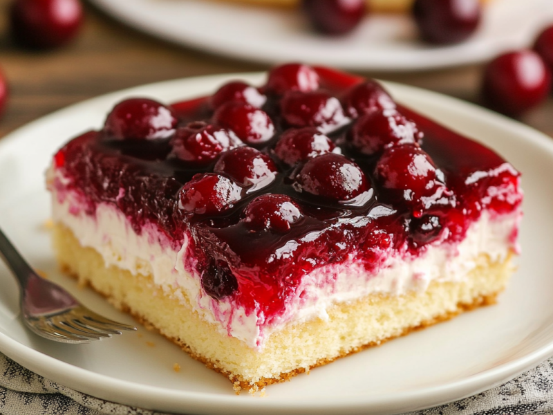 Ein Stück Kirsch-Schmandkuchen vom Blech.