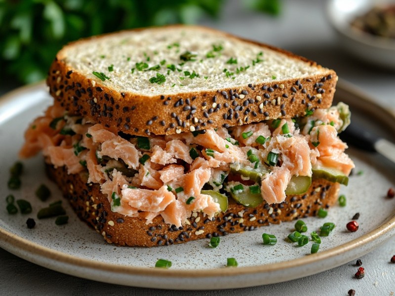 Ein Lachs-Sandwich mit Gewürzgurken auf einem Teller, bestreut mit gehacktem Schnittlauch.