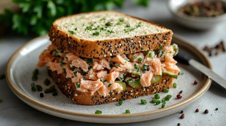 Ein Lachs-Sandwich mit Gewürzgurken auf einem Teller, bestreut mit gehacktem Schnittlauch.
