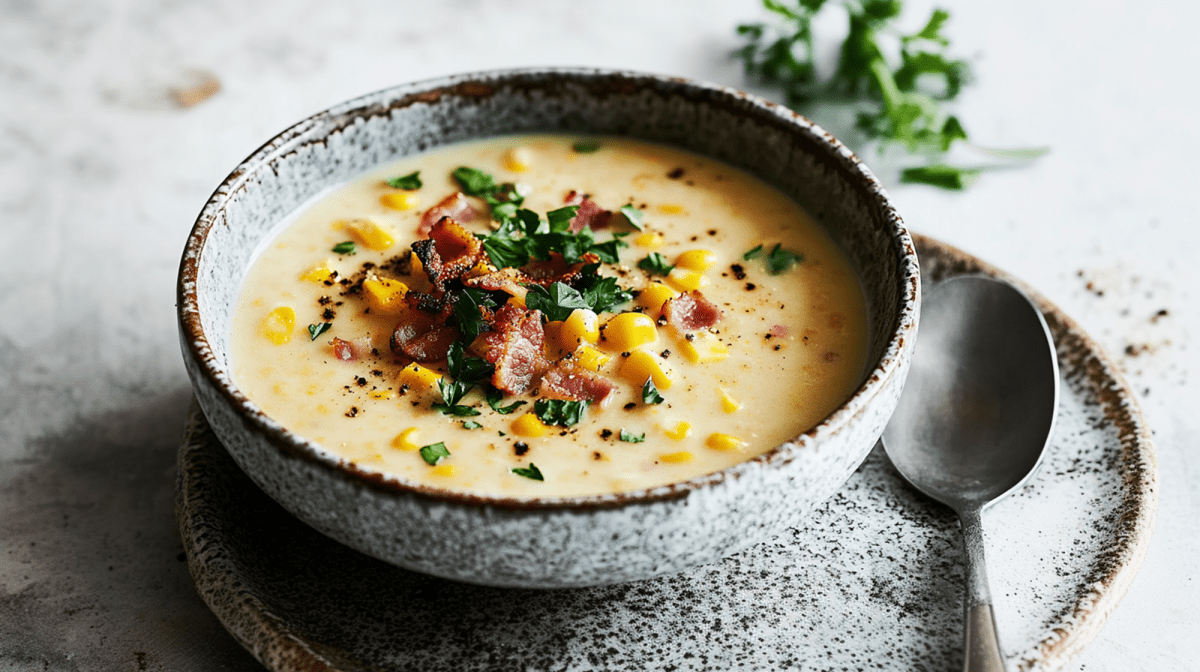 Eine hellgraue Keramikschüssel mit einer Portion Maissuppe, die mit gebratenem Speck und frischer Petersilie garniert ist. Die Suppenschüssel steht auf einem Teller und rechts neben der Schüssel auf dem Teller liegt ein Löffel. Im Hintergrund ist ein wenig frische Petersilie zu erkennen.