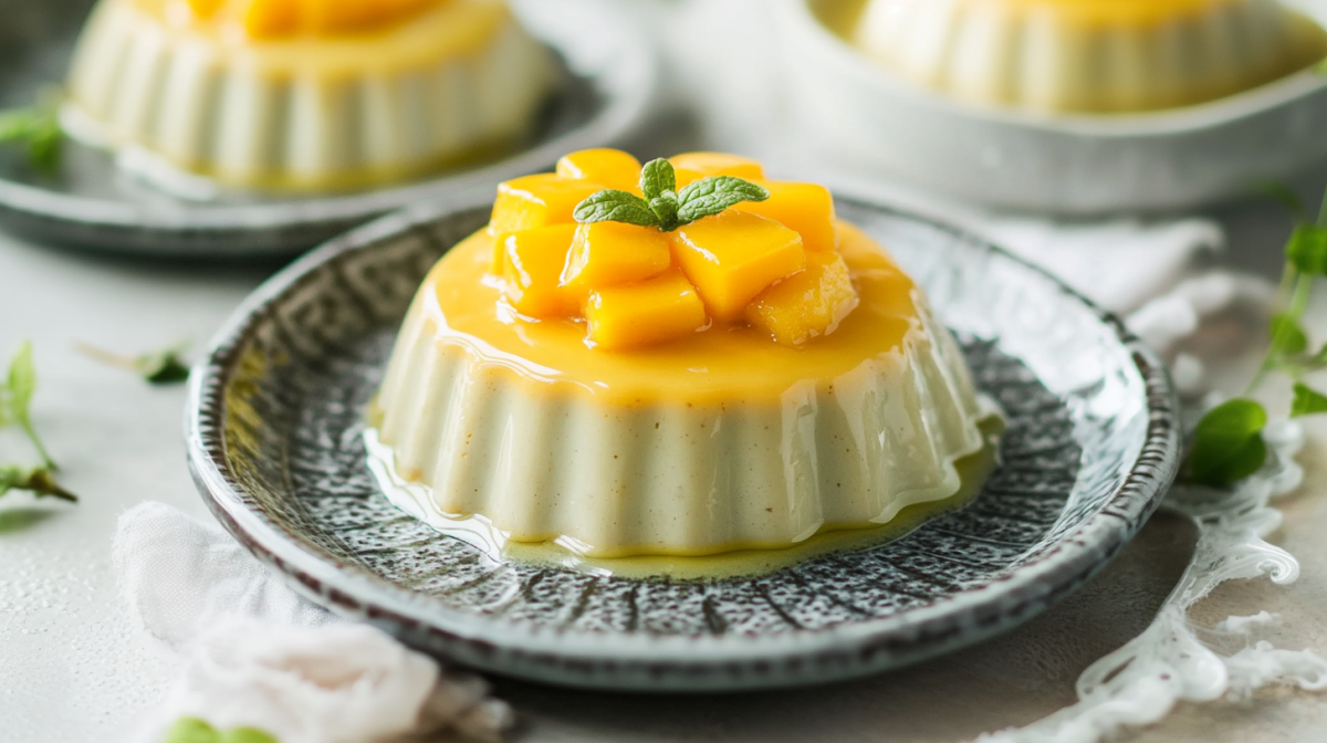 Matcha-Panna-Cotta auf einem stilvollen Teller. Die Panna-Cotta ist mit einer Mangosoße garniert, auf welcher Mangostücke liegen. In der Mitte steckt ein kleines Minzblatt. IM Hintergrund stehen weitere Panna-Cotte