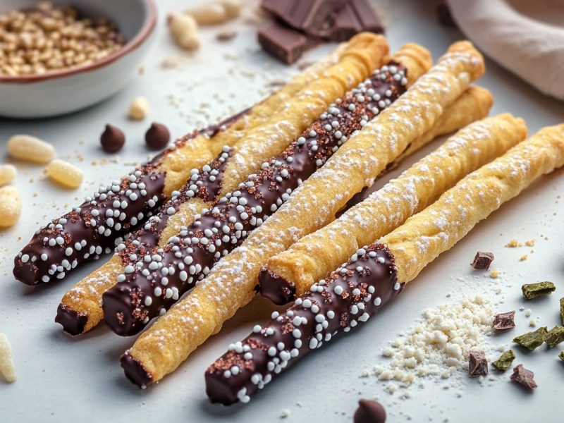 Gebackene Mikado-Stäbe mit Schokolade und Zuckerperlen verziert, drumherum Backzutaten.