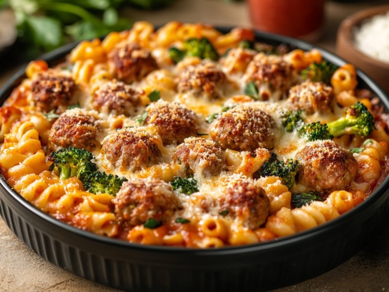 Nudelauflauf mit Hackbällchen in runder Auflaufform.