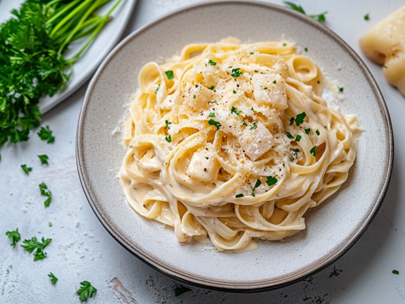 Teller mit Nudeln mit Schwarzwurzeln