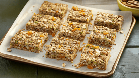 Neun Nussriegel liegen auf einem kleinen Backblech auf einem grünen Holztisch. Im Hintergrund rechts steht eine Schale mit weiteren Zutaten.