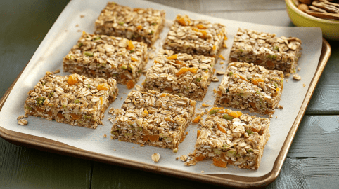 Neun Nussriegel liegen auf einem kleinen Backblech auf einem grünen Holztisch. Im Hintergrund rechts steht eine Schale mit weiteren Zutaten.