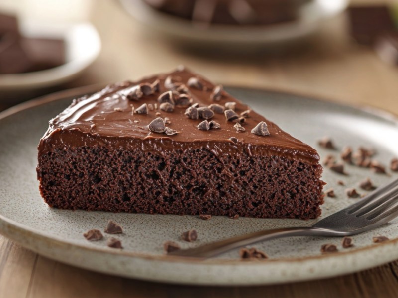 Ein Stück Nutellakuchen mit Schokoraspeln auf einem Teller.