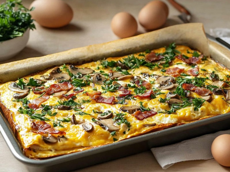 Omelett vom Blech mit Pilzen, Speck und Petersilie, drumherum Eier und eine Schüssel Petersilie.