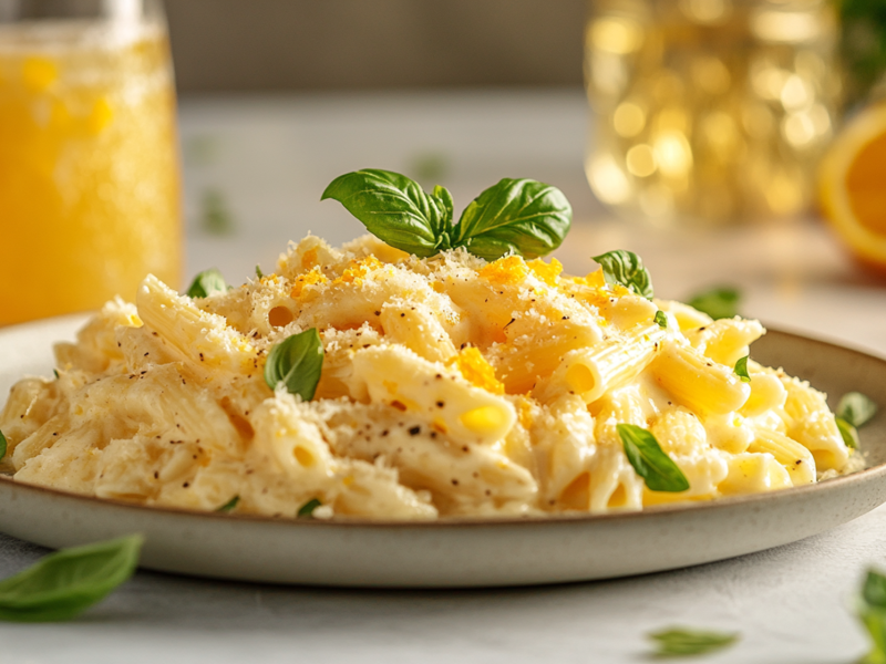 Ein Teller mit einer Portion Orangina-Pasta, die mit etwas Orangenabrieb und frischem Basilikum dekoriert ist. Im Hintergrund steht eine Glaskaraffe mit Orangenlimonade. Außerdem ist ein Glas mit Limonade zu sehen. Um den Teller herum liegen Basilikumblätter und aufgeschnittene Orangen.