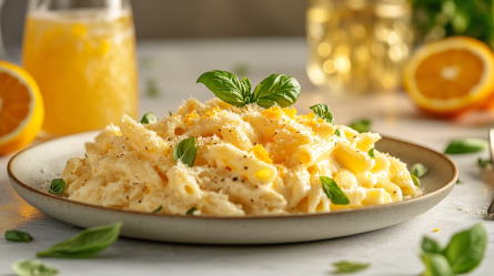 Ein Teller mit einer Portion Orangina-Pasta, die mit etwas Orangenabrieb und frischem Basilikum dekoriert ist. Im Hintergrund steht eine Glaskaraffe mit Orangenlimonade. Außerdem ist ein Glas mit Limonade zu sehen. Um den Teller herum liegen Basilikumblätter und aufgeschnittene Orangen.
