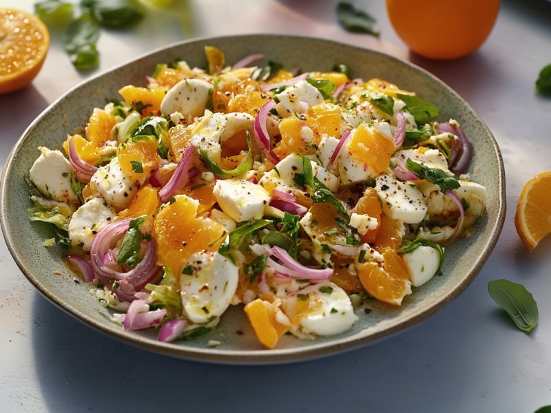 Eine Schüssel Orzo-Orangen-Salat mit Mozzarella und roten Zwiebeln. Drumherum ein paar Zutaten.