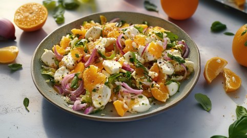 Eine Schüssel Orzo-Orangen-Salat mit Mozzarella und roten Zwiebeln. Drumherum ein paar Zutaten.