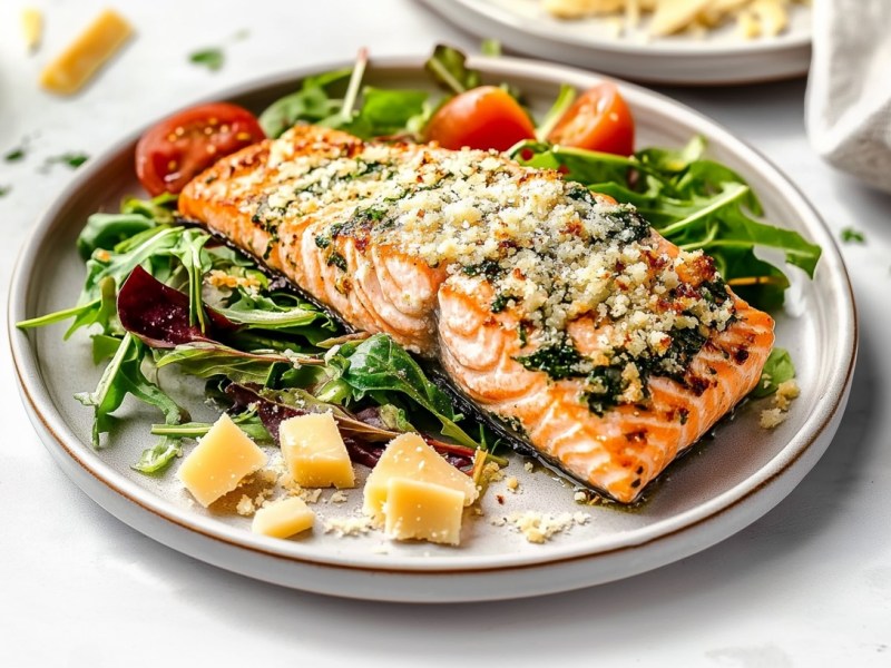 Ein Stück Parmesan-Lachs aus dem Airfryer mit Salat auf einem Teller, drumherum einige Zutaten und eine Stoffserviette.