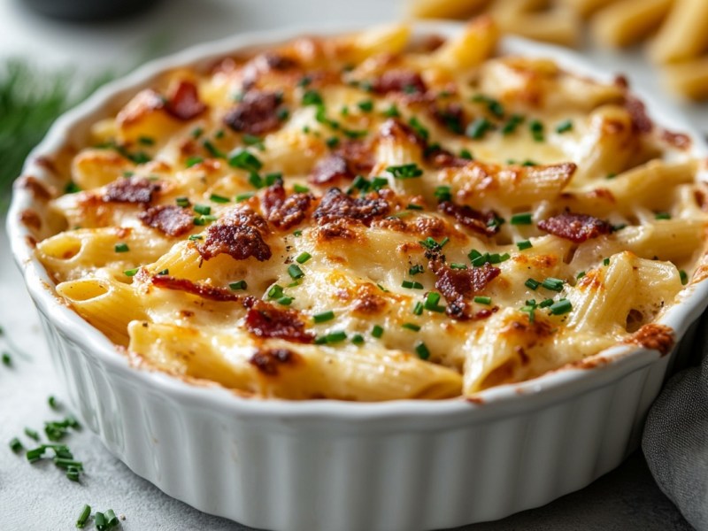 Ein Pasta-Carbonara-Auflauf in runder Auflaufform, drumherum Nudeln und Schnittlauch.