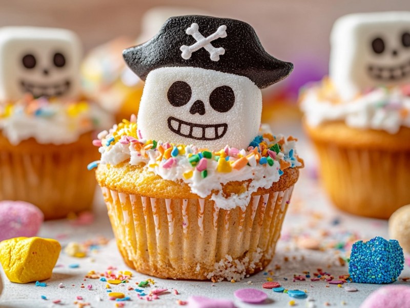 Ein paar Piraten-Cupcakes mit Marshmallows, denen ein Totenkopf-Gesicht aufgemalt wurde. Drumherum Süßigkeiten.