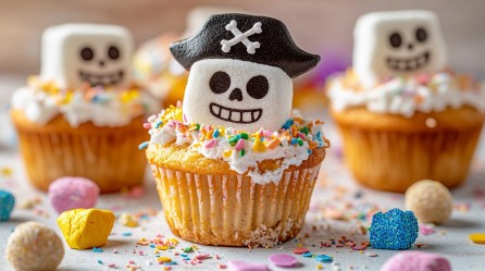 Ein paar Piraten-Cupcakes mit Marshmallows, denen ein Totenkopf-Gesicht aufgemalt wurde. Drumherum Süßigkeiten.