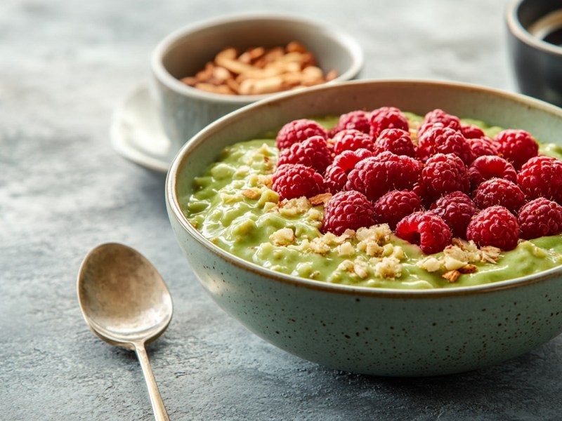 Schale mit Pistazien-Overnight-Oats mit Himbeeren on top und Tasse Kaffee im Hintergrund