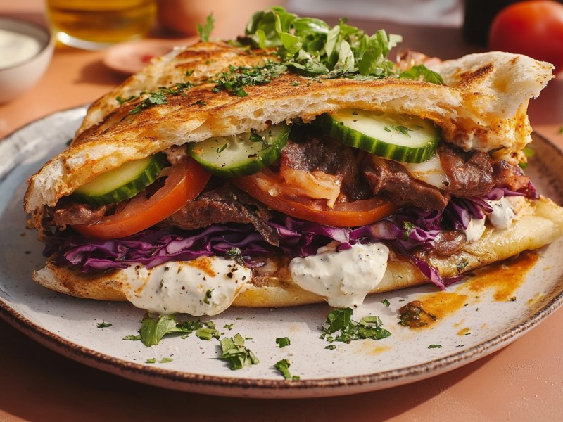 Ein Pizza-Döner auf einem Teller, gefüllt mit Salat, Rotkohl, Tomate, Gurke, Soße und Fleisch. Nahaufnahme.