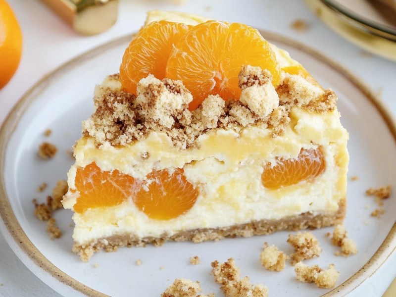 Ein Stück Pudding-Quark-Kuchen mit Streuseln und Mandarinen auf einem Teller. Nahaufnahme.