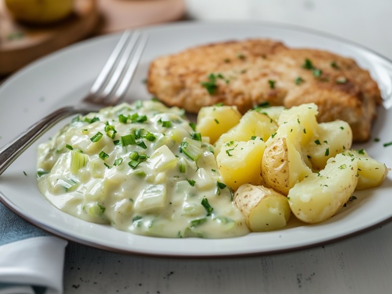 Ein Teller mit Kartoffeln, Schnitzel und Rahmlauch, darauf eine Gabel, daneben eine Stoffserviette.