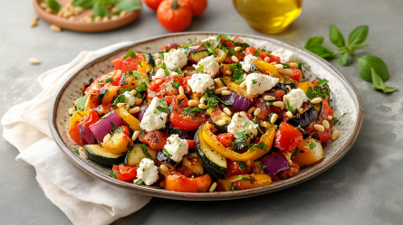 Ein großer Teller voll Ratatouille-Salat mit Ziegenfrischkäse und gerösteten Pinienkernen. Der Teller steht auf einer weißen Stoffserviette auf einer grauen Arbeitsfläche. Im Hintergrund kann man angedeutet ein Glasgefäß mit Öl erkennen. Außerdem liegen ein paar Tomaten und frische Basilikum herum. Zusätzlich ist eine kleine Holzschale zu erkennen, auf der auch Basilikum und Pinienkerne liegen.