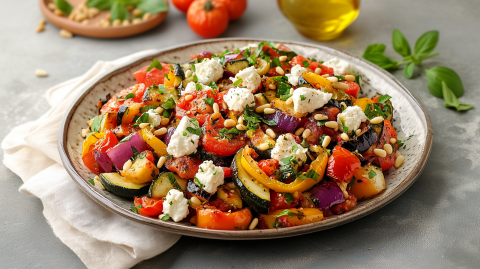 Ein großer Teller voll Ratatouille-Salat mit Ziegenfrischkäse und gerösteten Pinienkernen. Der Teller steht auf einer weißen Stoffserviette auf einer grauen Arbeitsfläche. Im Hintergrund kann man angedeutet ein Glasgefäß mit Öl erkennen. Außerdem liegen ein paar Tomaten und frische Basilikum herum. Zusätzlich ist eine kleine Holzschale zu erkennen, auf der auch Basilikum und Pinienkerne liegen.