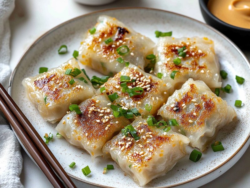 mehrere Reispapier-Dumplings auf einem Teller, bestreut mit Sesam und Frühlingszwiebeln, daneben Essstäbchen und eine Schale Erdnusssoße.