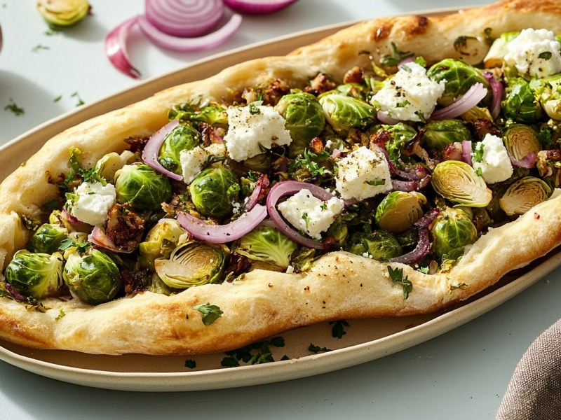 Eine Rosenkohl-Pide mit Ziegenkäse und roten Zwiebeln auf einem Teller, drumherum einige rote Zwiebeln und Rosenkohl.