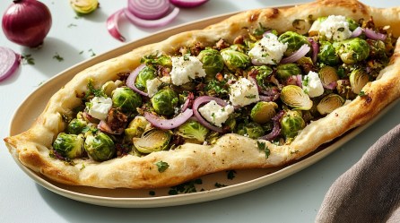 Eine Rosenkohl-Pide mit Ziegenkäse und roten Zwiebeln auf einem Teller, drumherum einige rote Zwiebeln und Rosenkohl.