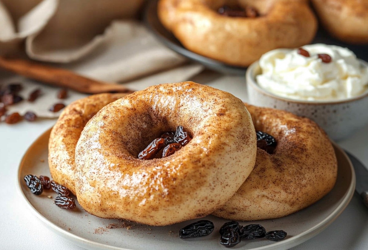 Ein Teller mit 3 Rosinen-Zimt-Bagel, daneben ein Messer und eine Schale Frischkäse, dahinter weitere Bagel.