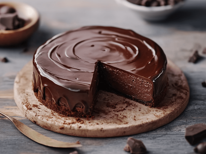 Ein angeschnittener Sacher-Cheesecake auf einem runden Holzbrett. Links neben dem Brett liegt ein goldenes Messer. Vor und neben dem Brett liegen noch große Schokostücke. Im Hintergrund sieht man Schalen mit weiteren Schokostücken.