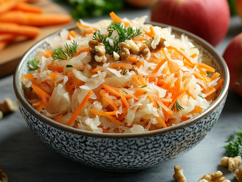 Sauerkraut-Apfel-Salat mit Karotte und Walnüssen in einer Schüssel, im Hintergrund einige Zutaten.