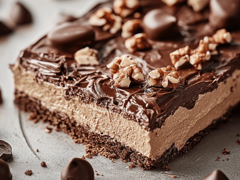 Schokobon-Schnitten vom Blech, angeschnitten und mit Nüssen und Schokodrops garniert.