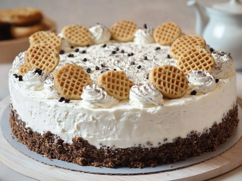 a cake with stracciatella cream, garnished with small round Dutch waffles. around the cake are a few baking items. frontal view, light background, zoom out, https://s.mj.run/TUrV1M6rOQ0