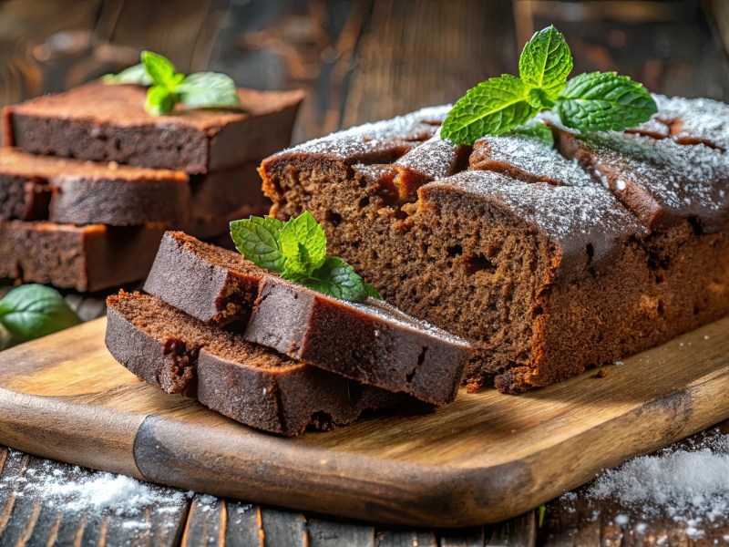 angeschnittener Schokoladen-Minz-Kuchen auf einem Brett