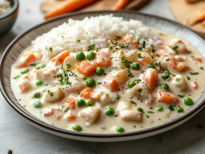 Schwarzwurzel-Frikassee mit Möhren, Pilzen und Erbsen auf einem Teller mit Reis. Drumherum einige der Zutaten.