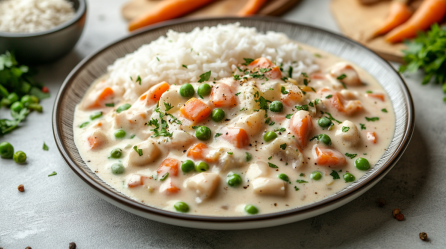 Schwarzwurzel-Frikassee mit Möhren, Pilzen und Erbsen auf einem Teller mit Reis. Drumherum einige der Zutaten.
