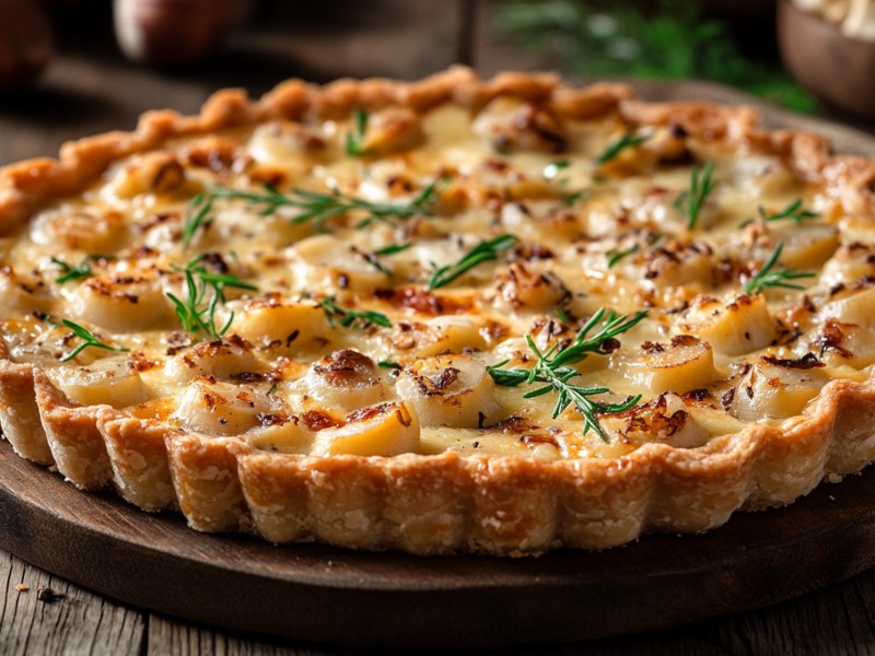 Schwarzwurzel-Haselnuss-Tarte auf einem Tisch