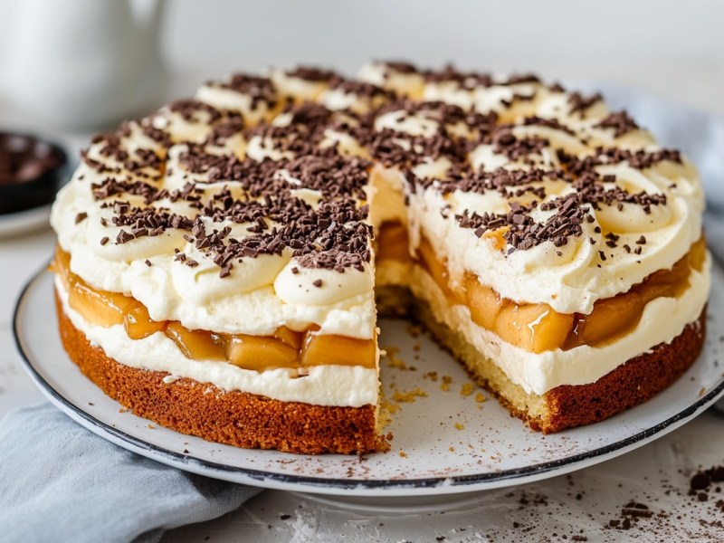 Eine angeschnittene schwedische Apfeltorte auf einem runden Teller, daneben eine Stoffserviette und gehackte Schokolade.