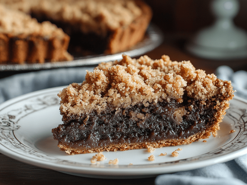 Ein Stück Shoofly Pie auf einem gemusterten Teller.