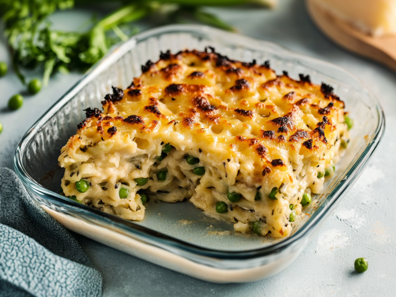 Spätzle-Lauch-Auflauf in einer kleinen Auflaufform. Ein Stück wurde herausgeschnitten. Rechts und links neben dem Auflauf liegen einige Erbsen. Vor dem Auflauf befindet sich ein Küchentuch. Im Hintergrund sieht man ein Holzbrettchen mit einem Stück Käse.