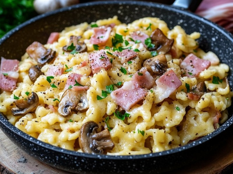 Spätzlepfanne mit Schinken und Pilzen, Nahaufnahme.