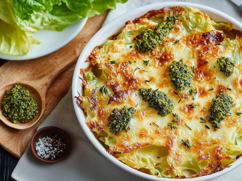 Spitzkohl-Kartoffelgratin in einer weißen Auflaufform, darauf Klecks grünes Kräuterpesto.