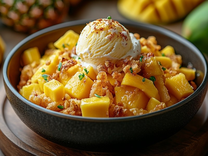 Eine Schale süßes Mango-Ananas-Curry mit einer Kugel Vanilleeis und Kekskrümeln garniert.