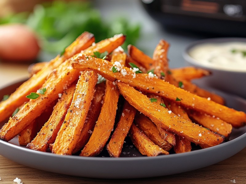 Teller mit Süßkartoffelpommes aus der Heißluftfritteuse, Dip daneben