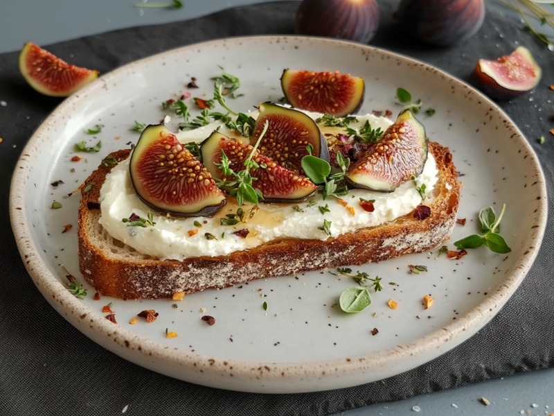 Ein großer Teller mit Toast mit Honig-Thymian-Frischkäse und Feigen, das mit Chiliflocken und frischen Thymianblättern garniert ist. Der Teller steht auf einem dunkelgrauen Stoffuntersetzer. Um den Teller herum liegen aufgeschnittene Feigen und ganze Feigen. Außerdem liegen Chiliflocken, Thymian und Salz verstreut.