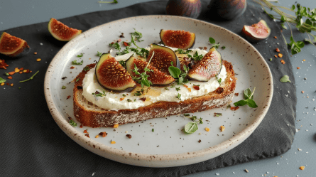 Ein großer Teller mit Toast mit Honig-Thymian-Frischkäse und Feigen, das mit Chiliflocken und frischen Thymianblättern garniert ist. Der Teller steht auf einem dunkelgrauen Stoffuntersetzer. Um den Teller herum liegen aufgeschnittene Feigen und ganze Feigen. Außerdem liegen Chiliflocken, Thymian und Salz verstreut.