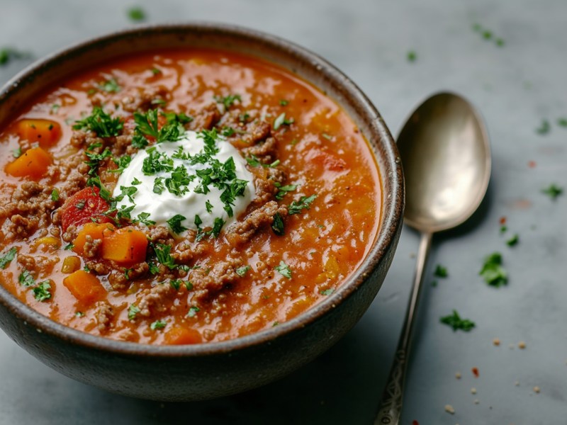 Schale mit Tomaten-Hackfleisch-Suppe, Löffel daneben