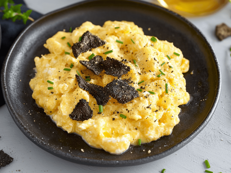 Eine Portion Trüffel-Rührei mit frischen Schnittlauchröllchen und gehobeltem Trüffel garniert. Der Teller steht auf einer hellen Oberfläche. Rechts daneben liegen zwei braune Eier. Links daneben steht eine Schale mit gehacktem Schnittlauch. Um den Teller herum liegen frische Kräuter und gehobelter Trüffel verstreut.